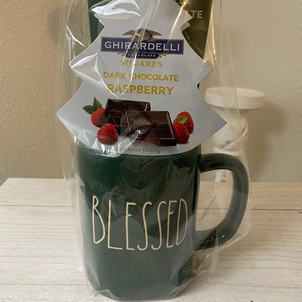 Rae Dunn BLESSED Coffee Mug with Ghiradhelli treats and wrapped with cellophane